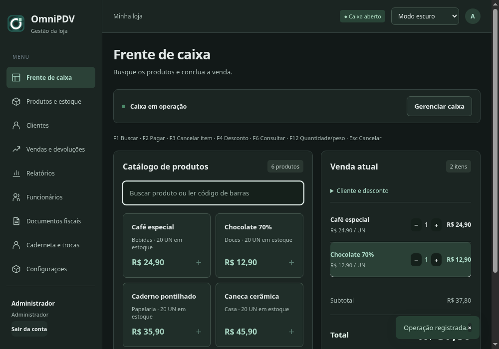 Captura real do OmniPDV mostrando o catálogo de produtos, o carrinho e os controles da frente de caixa